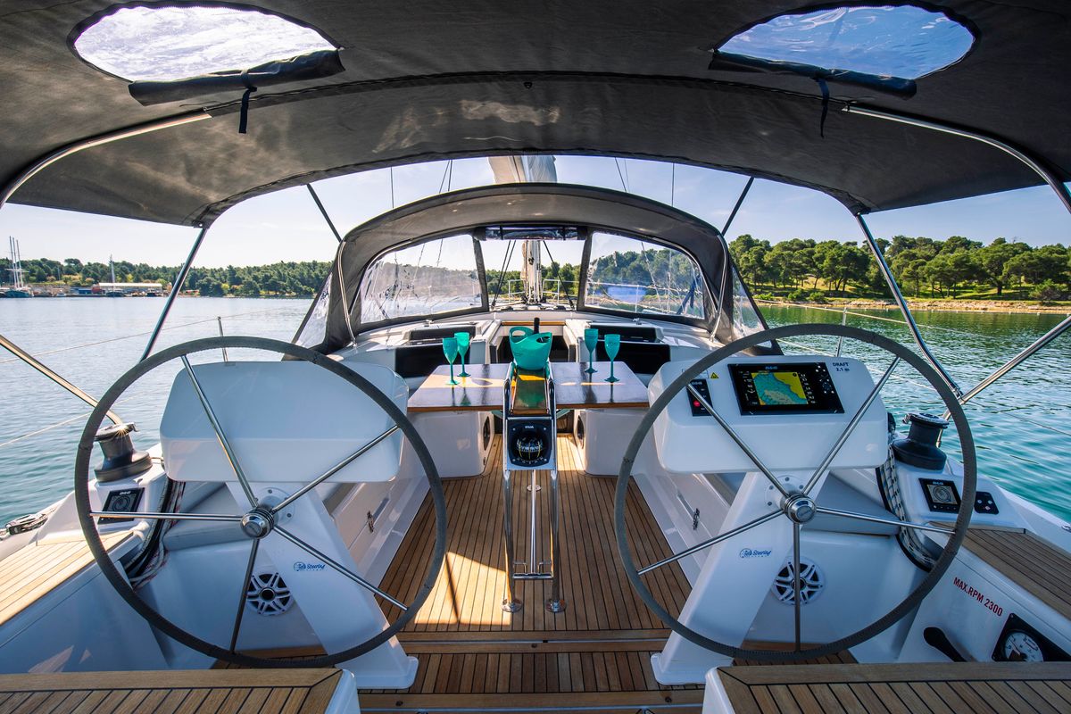Cockpit of Big Blue, a Hanse Yachts Hanse 458 sailboat at Grad Šibenik, Croatia