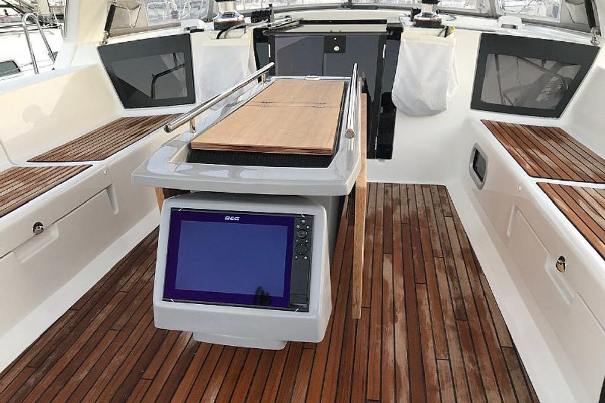Cockpit of Atlantica, a Beneteau Oceanis 45 sailboat at La Spezia, Italy