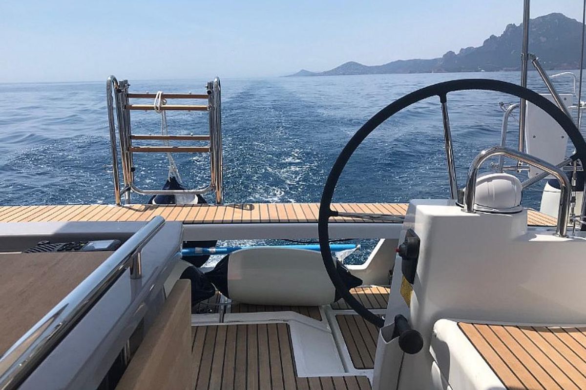 Cockpit of Atlantica, a Beneteau Oceanis 45 sailboat at La Spezia, Italy