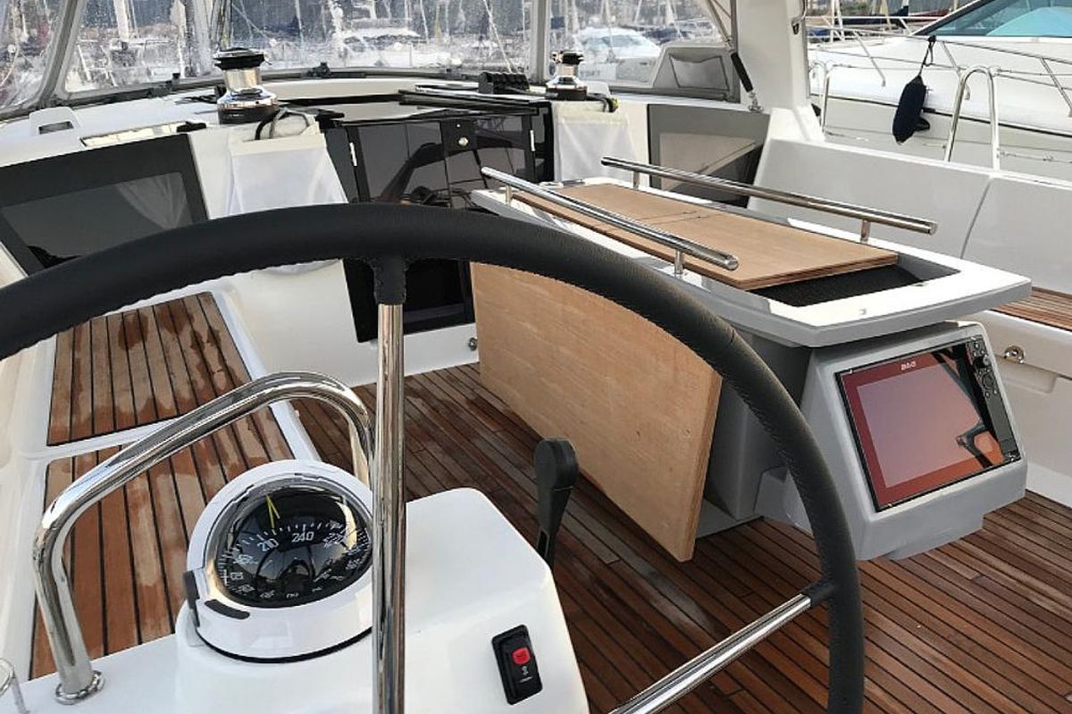 Cockpit of Atlantica, a Beneteau Oceanis 45 sailboat at La Spezia, Italy