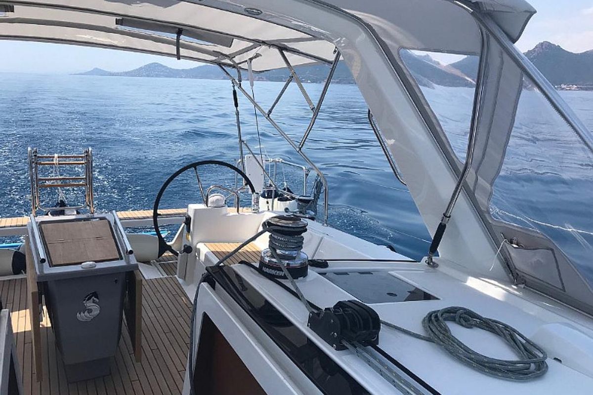 Cockpit of Atlantica, a Beneteau Oceanis 45 sailboat at La Spezia, Italy