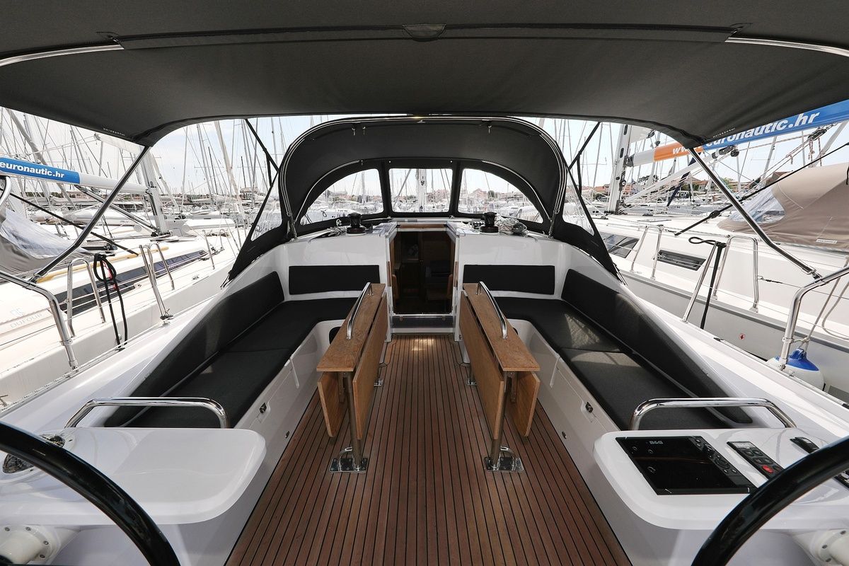 Cockpit of Starlight, a Elan Impression 45 sailboat at Grad Biograd na Moru, Croatia