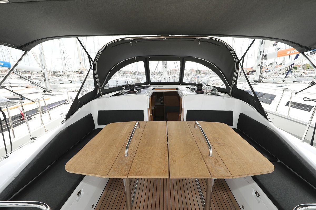 Cockpit of Starlight, a Elan Impression 45 sailboat at Grad Biograd na Moru, Croatia