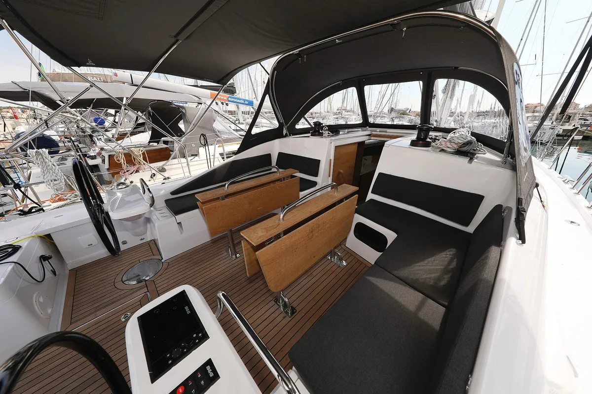 Cockpit of Starlight, a Elan Impression 45 sailboat at Grad Biograd na Moru, Croatia