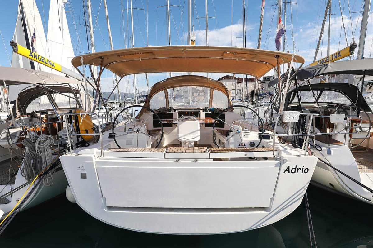 Exterior view of Adrio, a Dufour 412 GL sailboat at Grad Biograd na Moru, Croatia