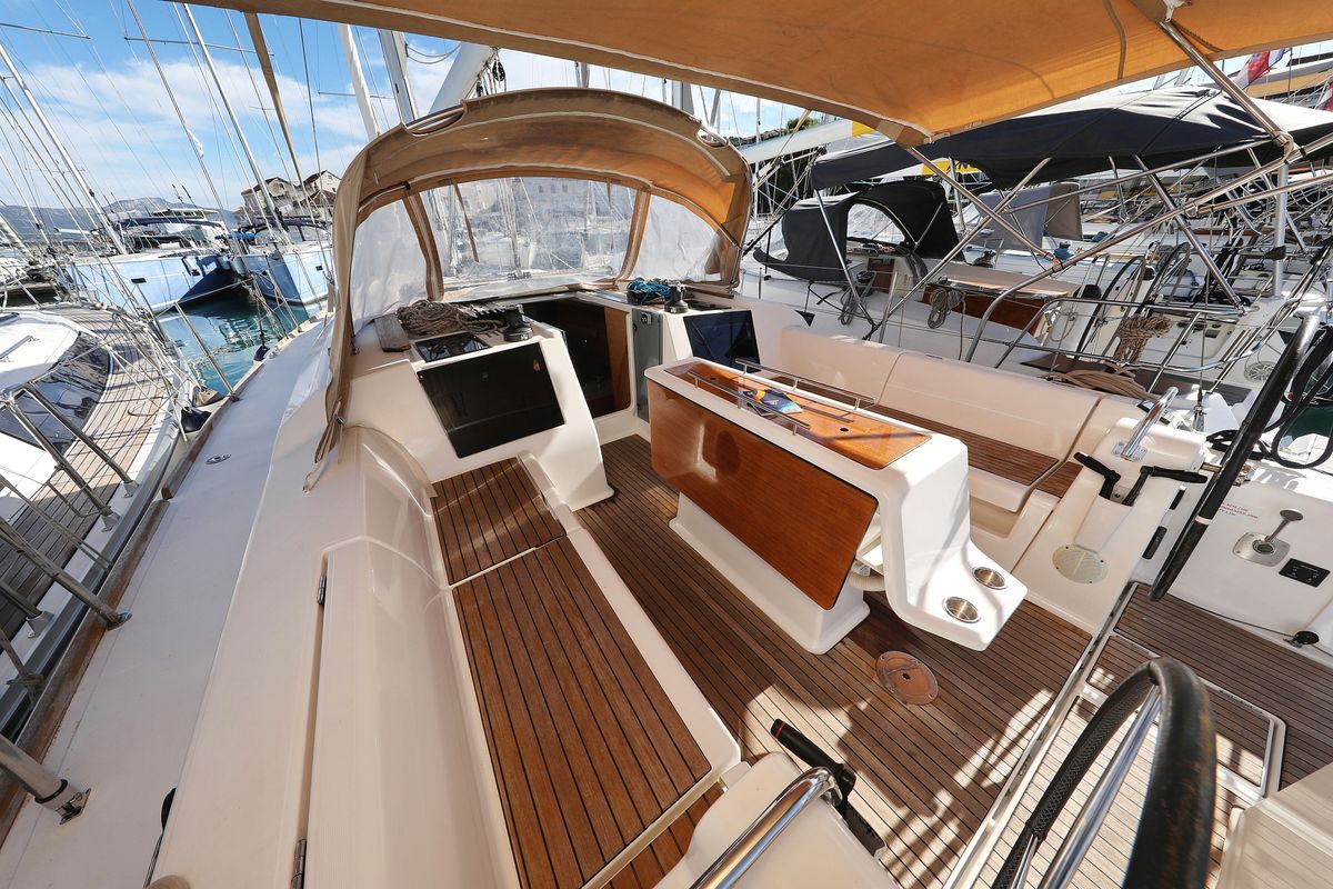 Deck of Adrio, a Dufour 412 GL sailboat at Grad Biograd na Moru, Croatia