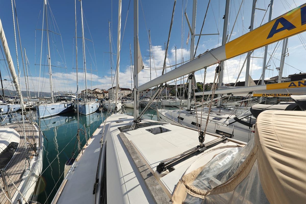 Deck of Adrio, a Dufour 412 GL sailboat at Grad Biograd na Moru, Croatia