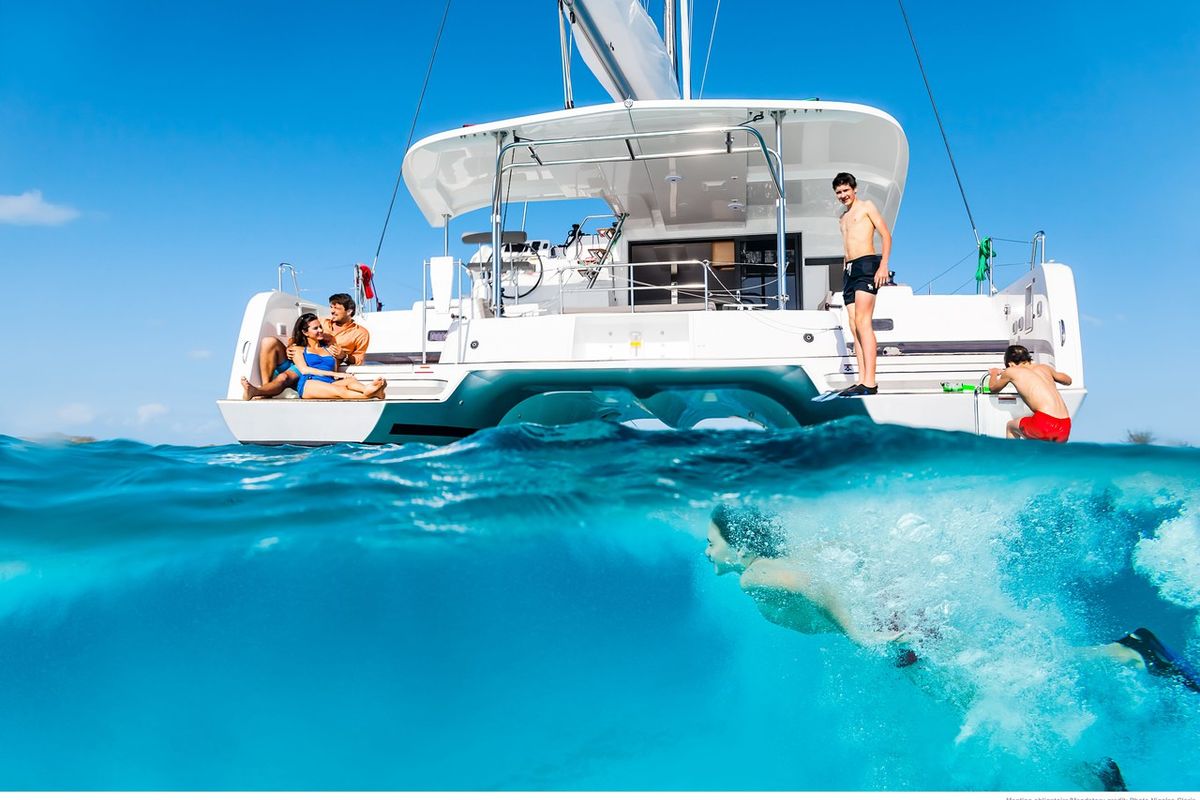 Exterior view of Lizzy II, a Lagoon 42 catamaran at Seget Donji, Croatia