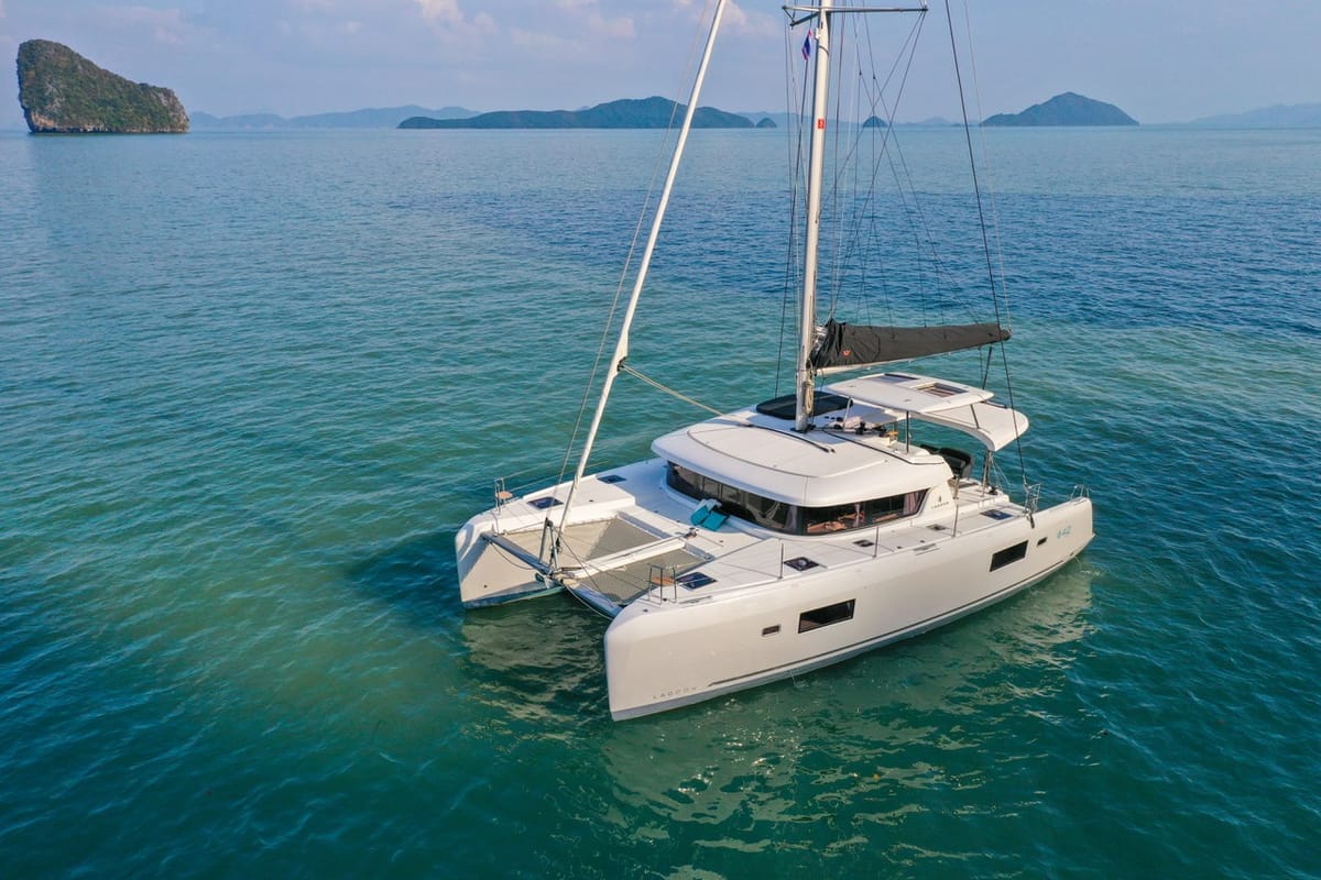 Exterior view of Lizzy II, a Lagoon 42 catamaran at Seget Donji, Croatia