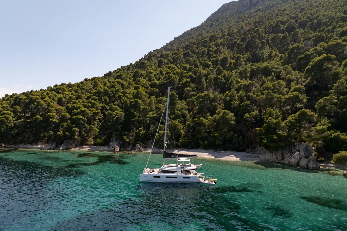 Exterior view of Aranel, a Lagoon 51 catamaran at Municipal Unit of Lefkada, Greece