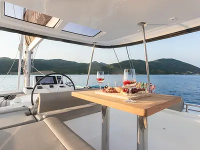 Cockpit of Aranel, a Lagoon 51 catamaran at Municipal Unit of Lefkada, Greece