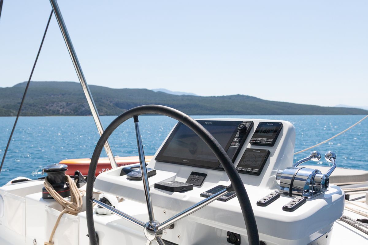 Cockpit of Aranel, a Lagoon 51 catamaran at Municipal Unit of Lefkada, Greece
