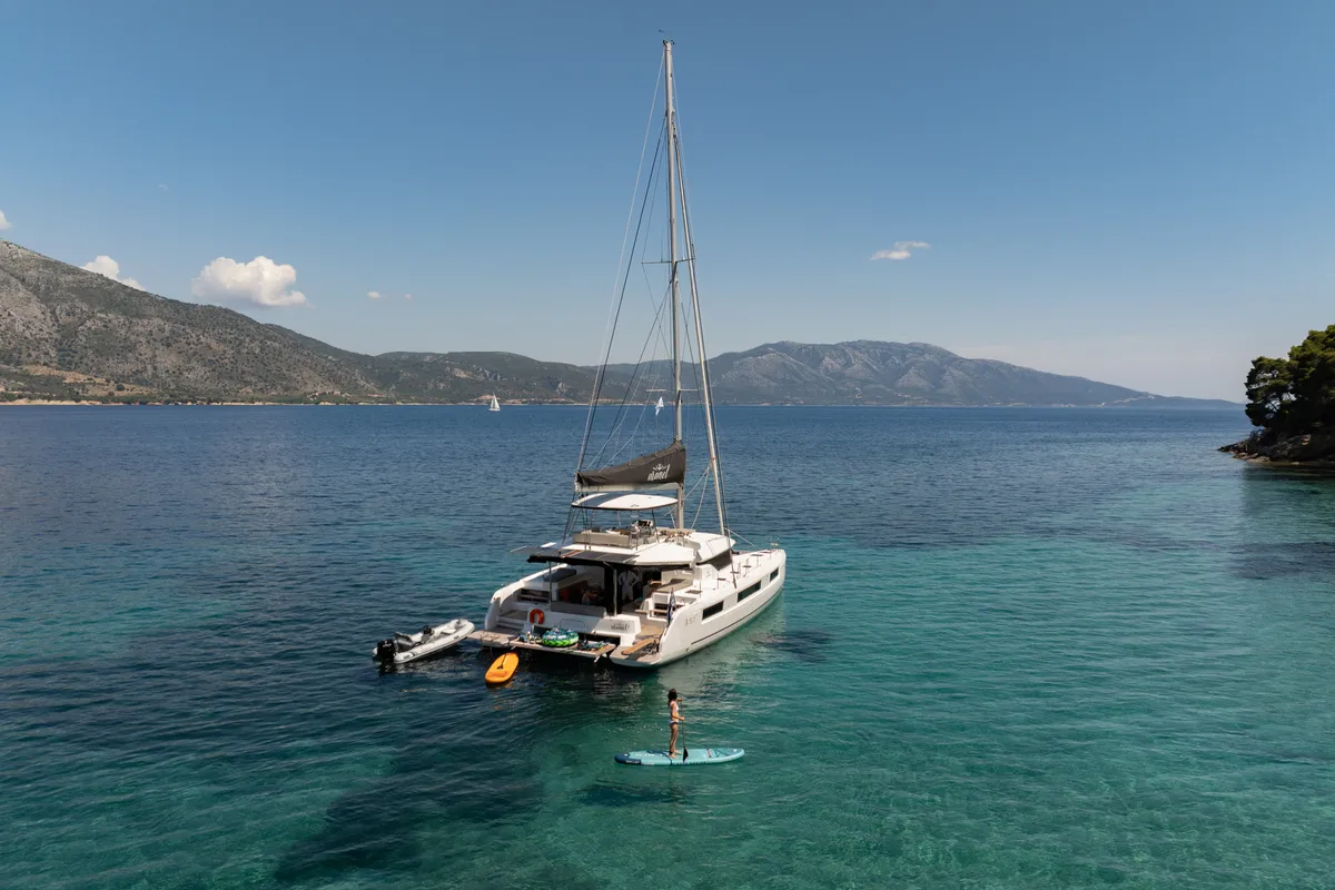 Exterior view of Aranel, a Lagoon 51 catamaran at Municipal Unit of Lefkada, Greece