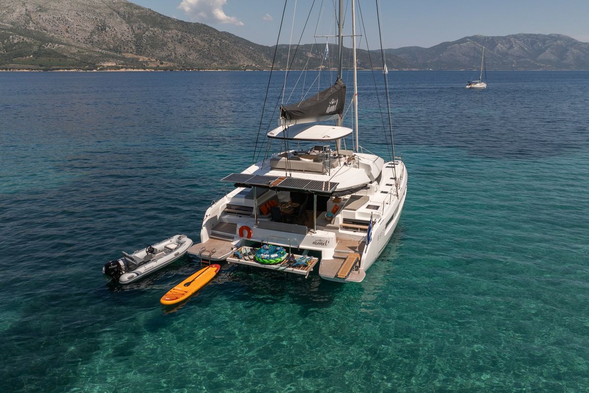 Exterior view of Aranel, a Lagoon 51 catamaran at Municipal Unit of Lefkada, Greece
