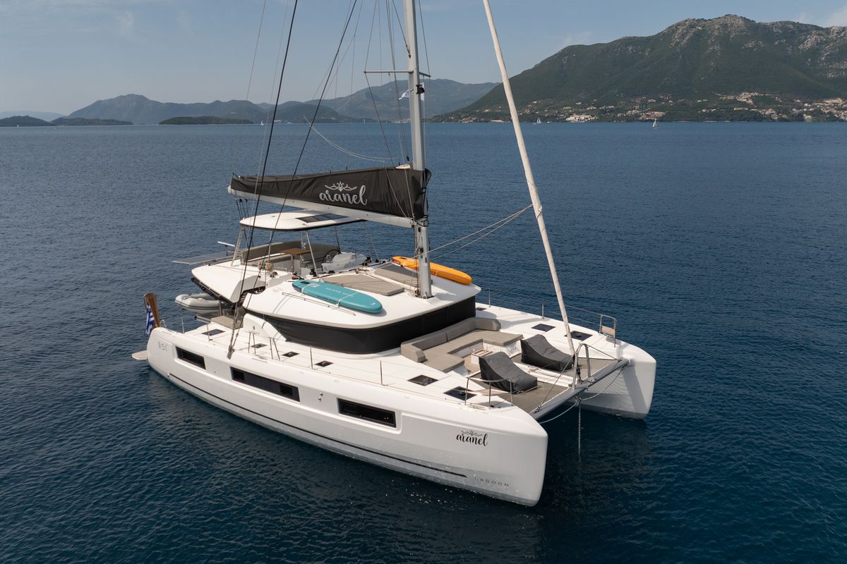 Exterior view of Aranel, a Lagoon 51 catamaran at Municipal Unit of Lefkada, Greece