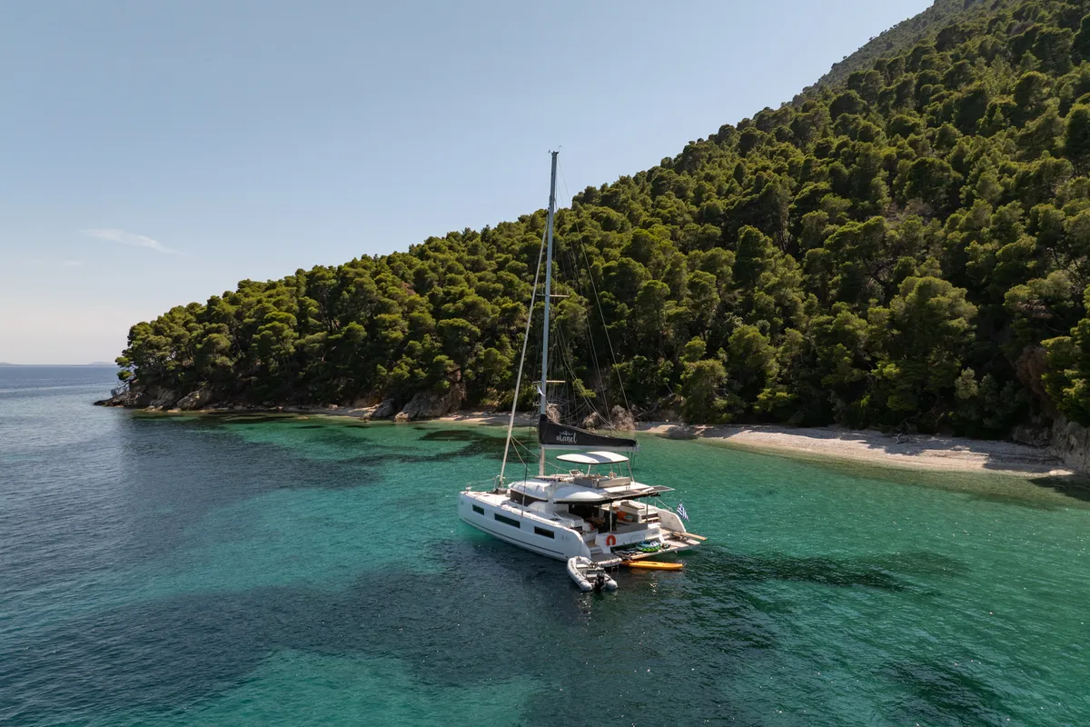 Exterior view of Aranel, a Lagoon 51 catamaran at Municipal Unit of Lefkada, Greece