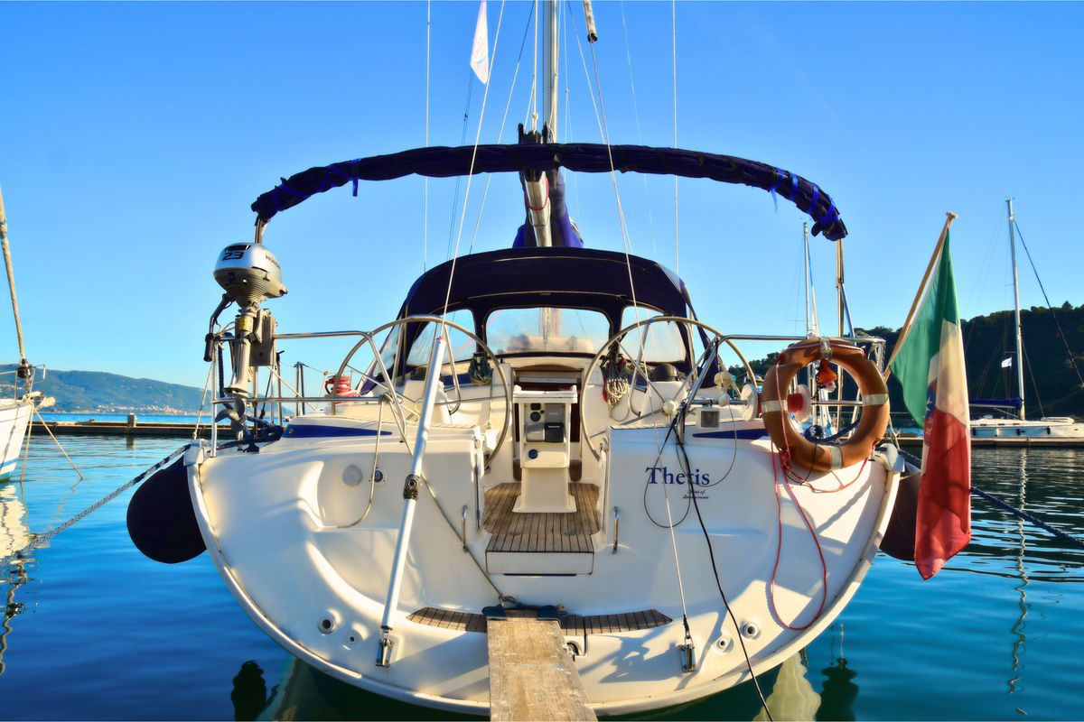Exterior view of Thetis, a Bavaria 46 Cruiser sailboat at La Spezia, Italy
