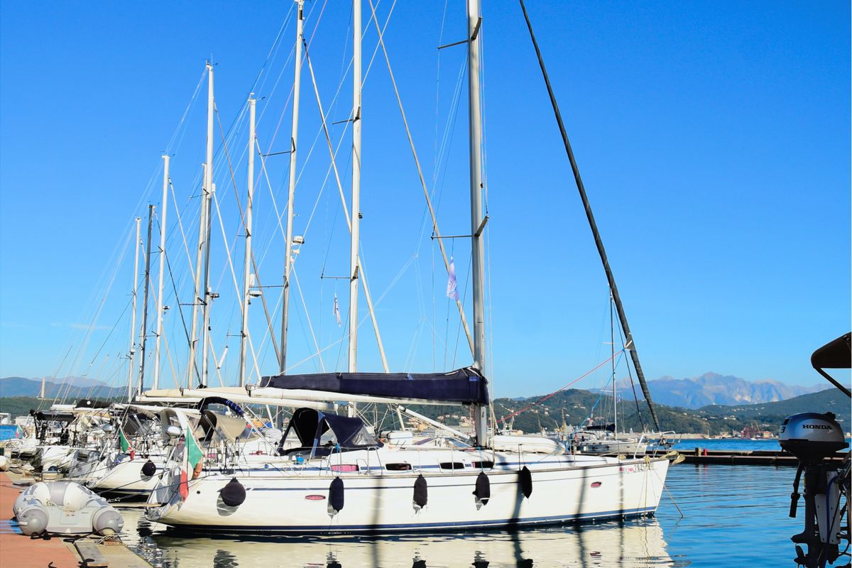 Exterior view of Thetis, a Bavaria 46 Cruiser sailboat at La Spezia, Italy