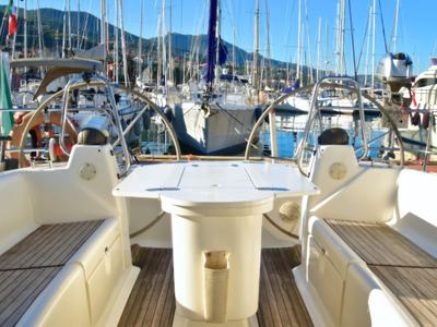 Cockpit of Thetis, a Bavaria 46 Cruiser sailboat at La Spezia, Italy