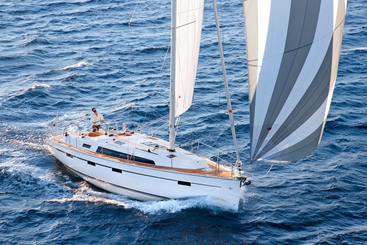 Exterior view of Konstantinos 14, a Bavaria Cruiser 41 sailboat at Municipal Unit of Lefkada, Greece