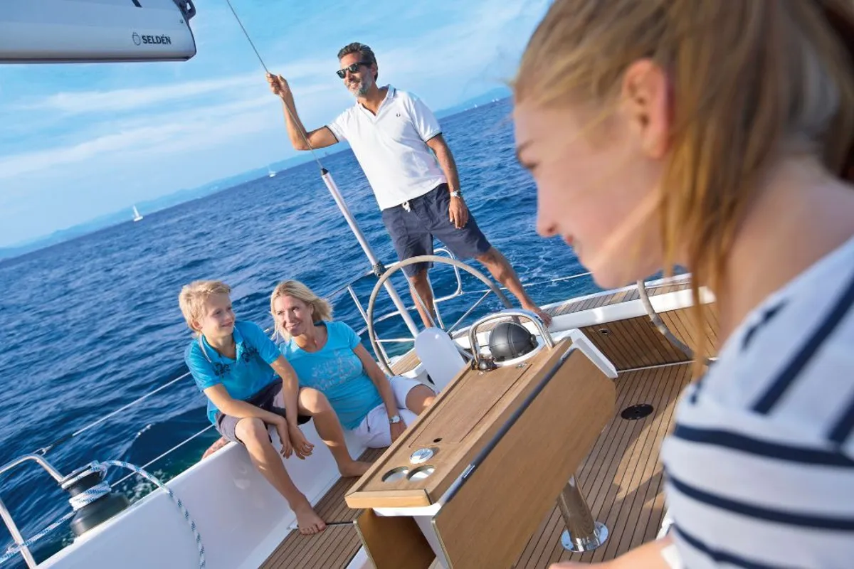 Deck of Konstantinos 14, a Bavaria Cruiser 41 sailboat at Municipal Unit of Lefkada, Greece
