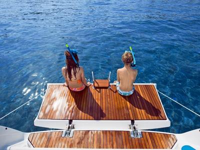 Deck of Konstantinos 14, a Bavaria Cruiser 41 sailboat at Municipal Unit of Lefkada, Greece