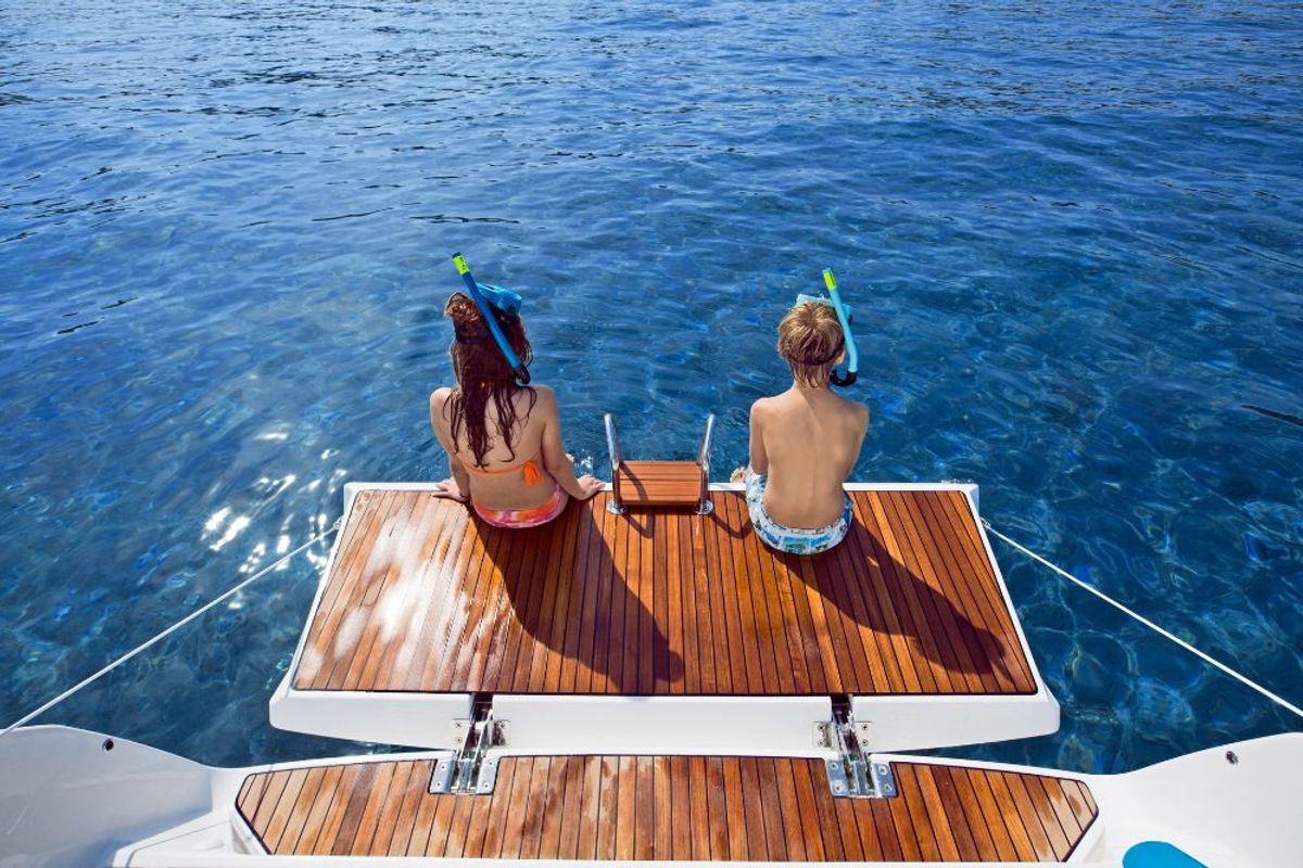 Deck of Konstantinos 14, a Bavaria Cruiser 41 sailboat at Municipal Unit of Lefkada, Greece