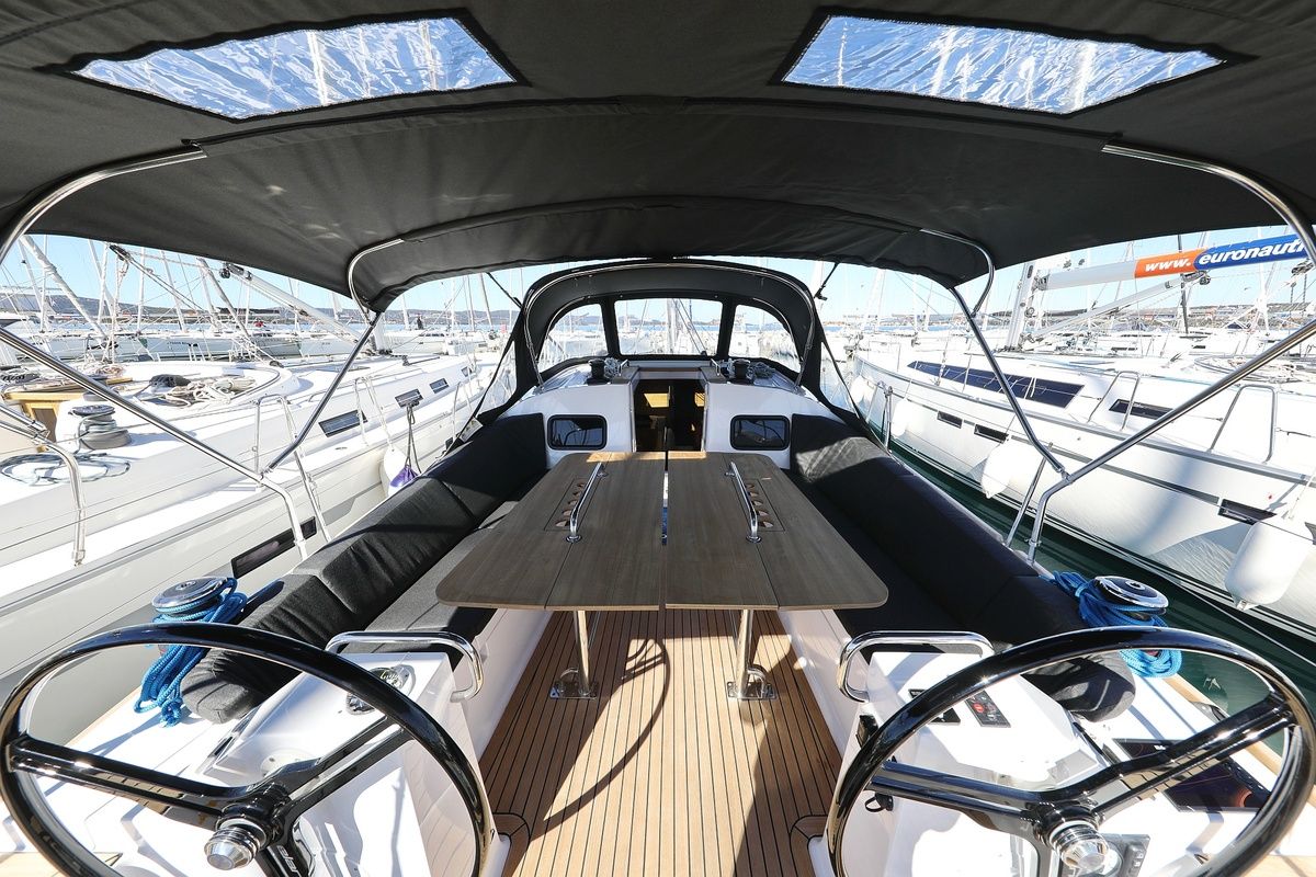 Cockpit of Moon Pearl, a Elan Impression 45.1 sailboat at Grad Biograd na Moru, Croatia