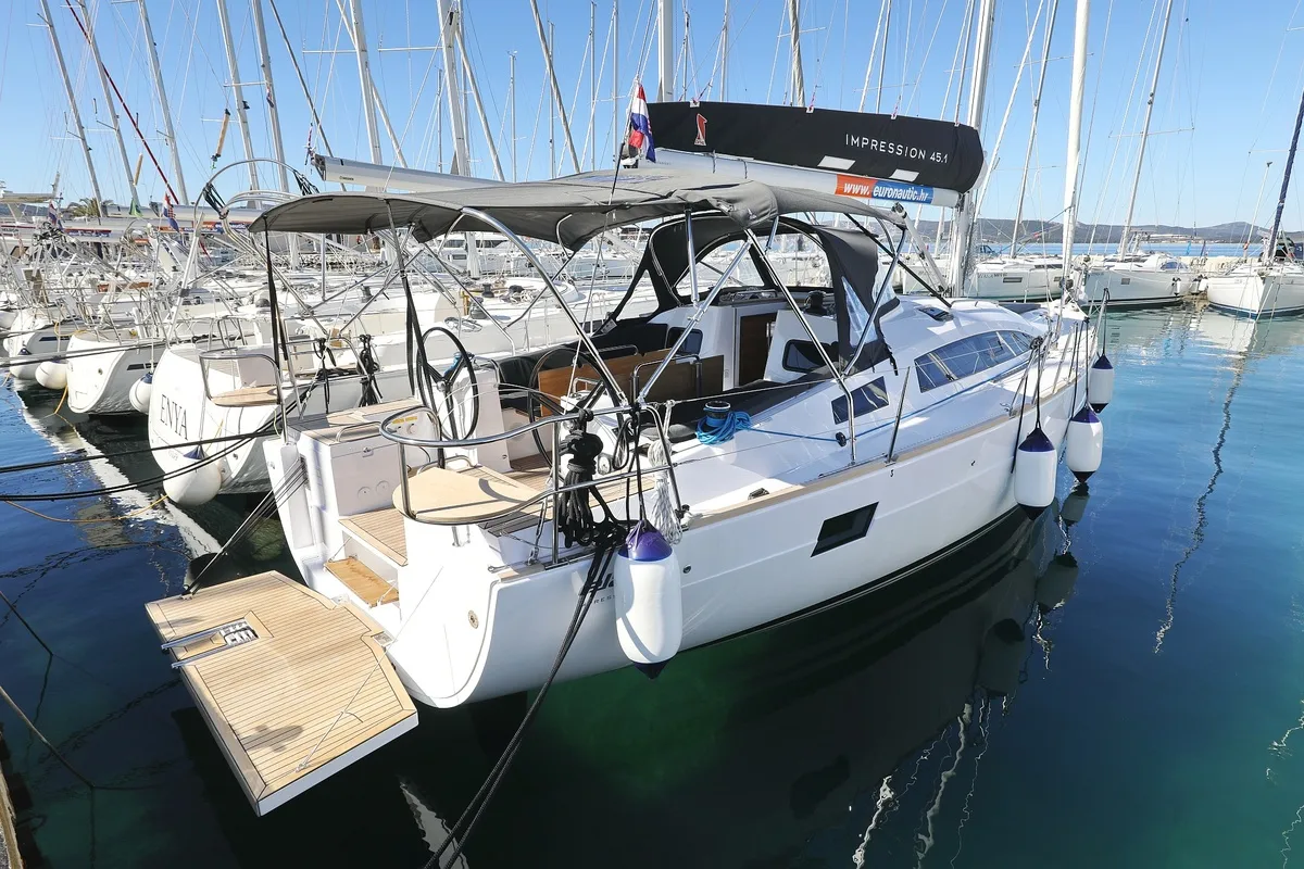 Exterior view of Moon Pearl, a Elan Impression 45.1 sailboat at Grad Biograd na Moru, Croatia