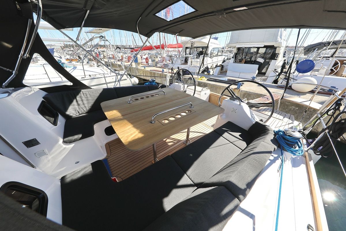 Cockpit of Moon Pearl, a Elan Impression 45.1 sailboat at Grad Biograd na Moru, Croatia