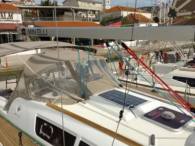 Deck of Min Elli, a Jeanneau Sun Odyssey 33i sailboat at Skradin, Croatia