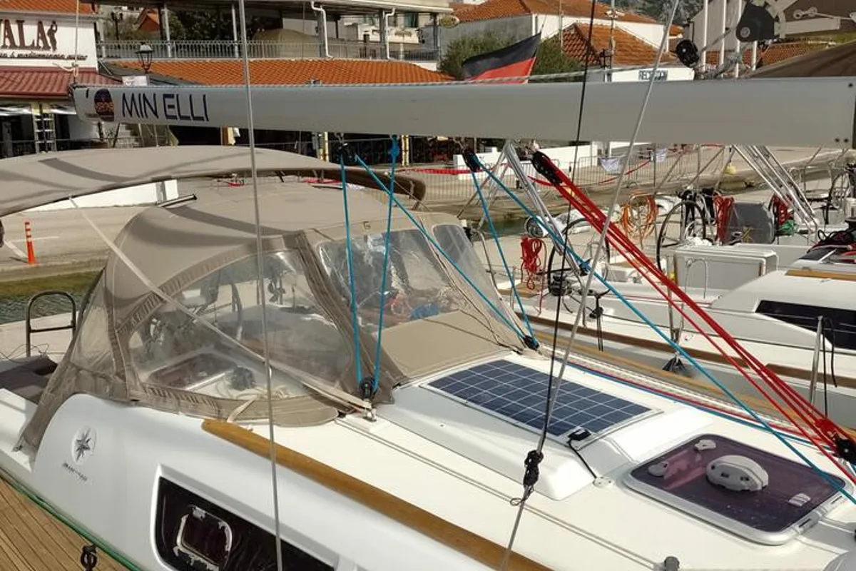 Deck of Min Elli, a Jeanneau Sun Odyssey 33i sailboat at Skradin, Croatia