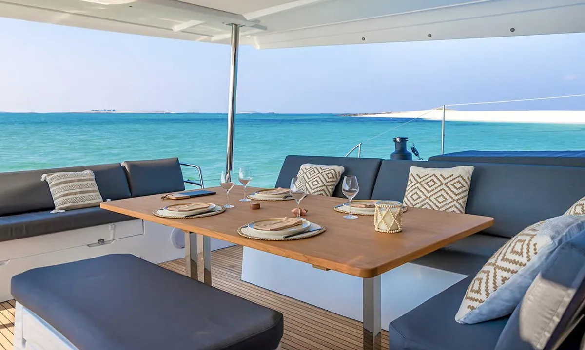 Deck of Lune Rae, a Fountaine Pajot Aura 51 catamaran at Road Town, British Virgin Islands