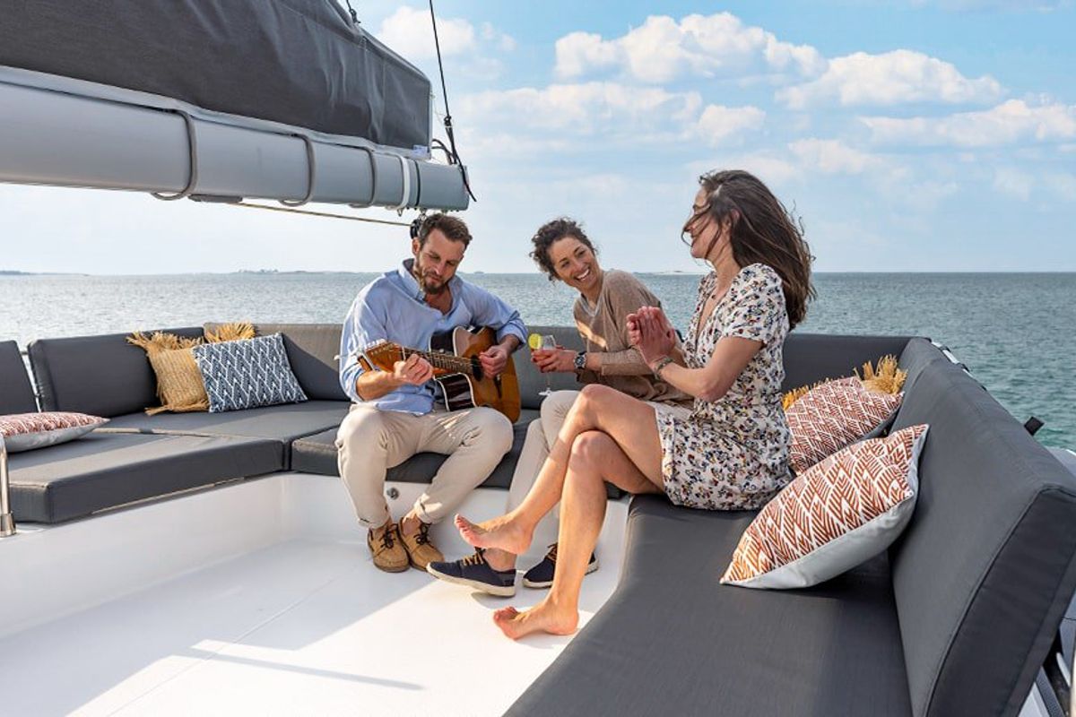 Deck of Lune Rae, a Fountaine Pajot Aura 51 catamaran at Road Town, British Virgin Islands