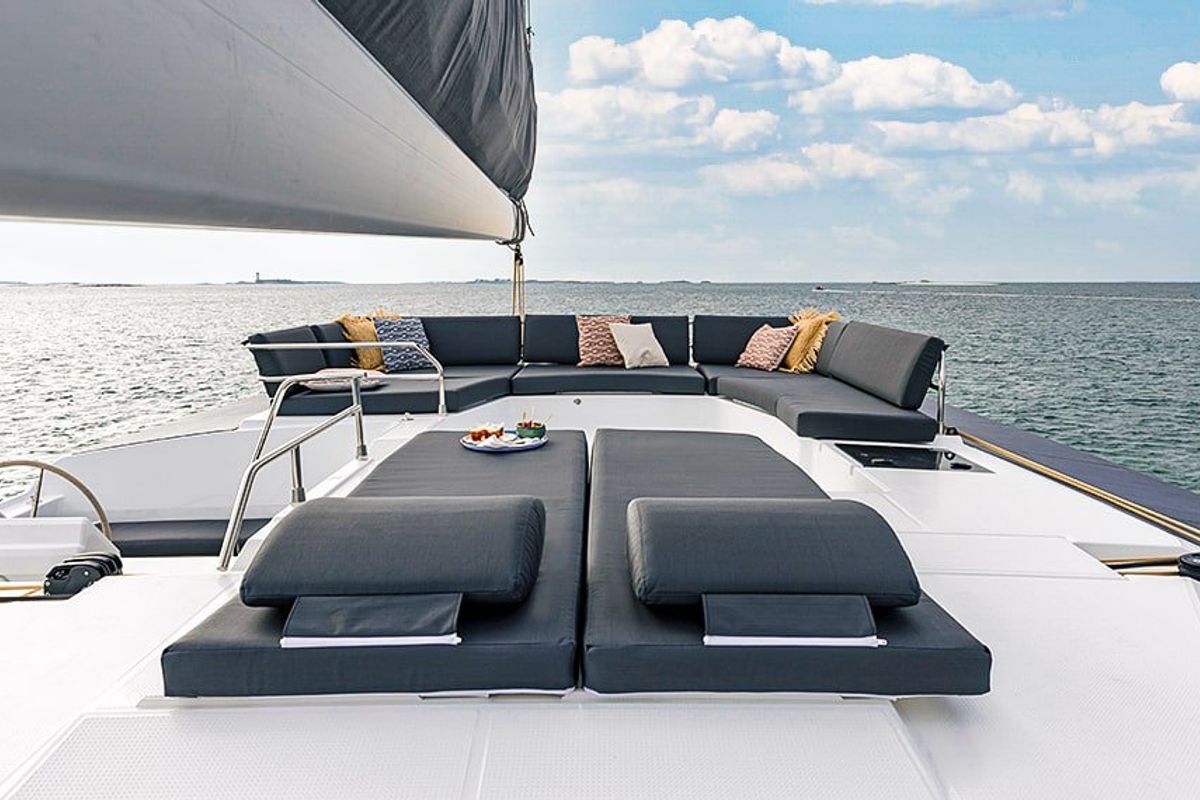 Deck of Lune Rae, a Fountaine Pajot Aura 51 catamaran at Road Town, British Virgin Islands