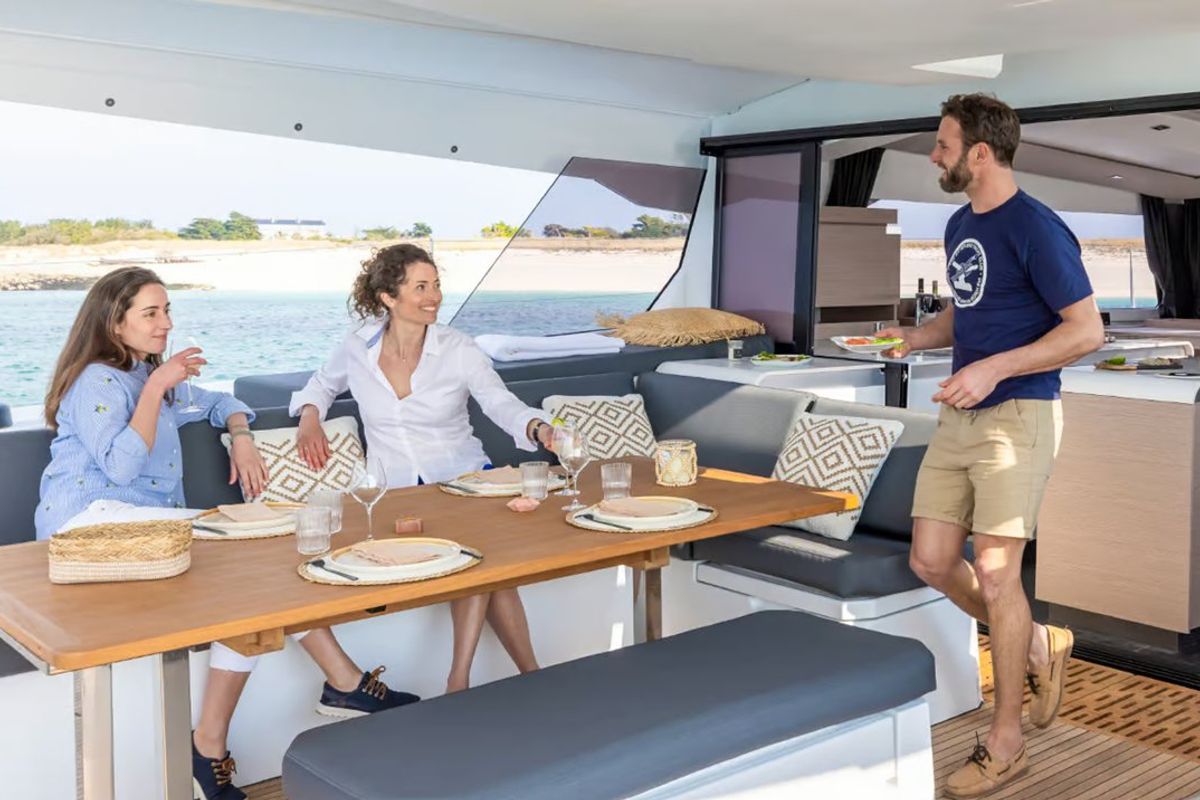 Deck of Lune Rae, a Fountaine Pajot Aura 51 catamaran at Road Town, British Virgin Islands