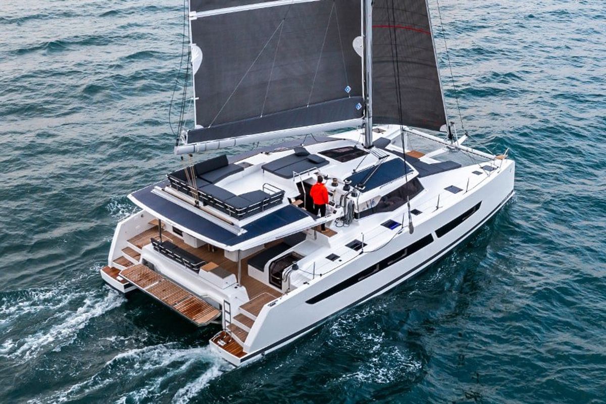 Exterior view of Lune Rae, a Fountaine Pajot Aura 51 catamaran at Road Town, British Virgin Islands