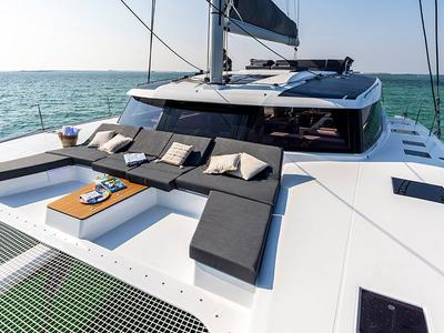 Deck of Lune Rae, a Fountaine Pajot Aura 51 catamaran at Road Town, British Virgin Islands