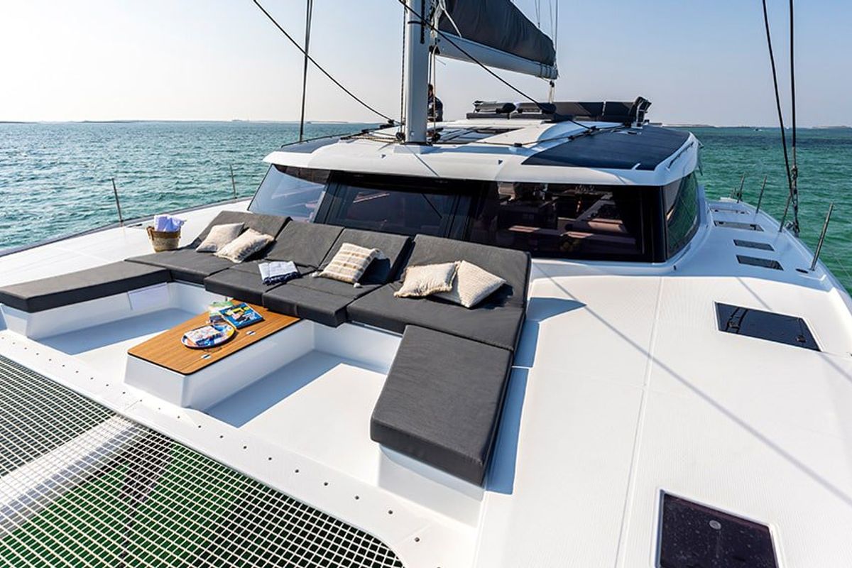 Deck of Lune Rae, a Fountaine Pajot Aura 51 catamaran at Road Town, British Virgin Islands