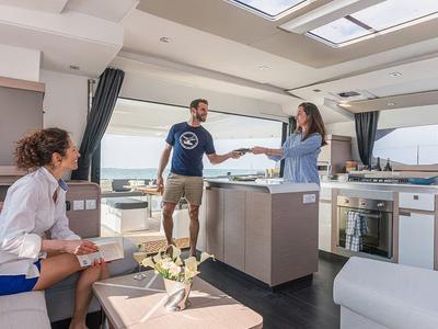 Salon of Lune Rae, a Fountaine Pajot Aura 51 catamaran at Road Town, British Virgin Islands