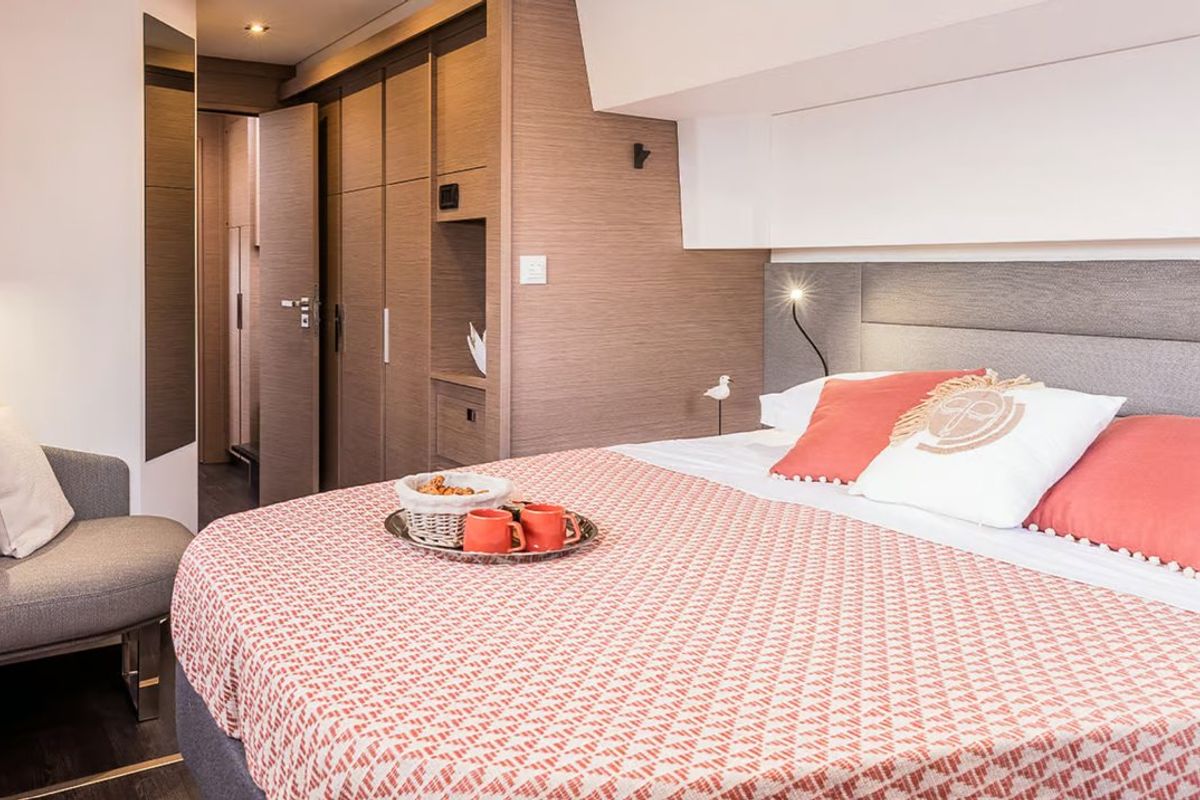 Cabin on Lune Rae, a Fountaine Pajot Aura 51 catamaran at Road Town, British Virgin Islands