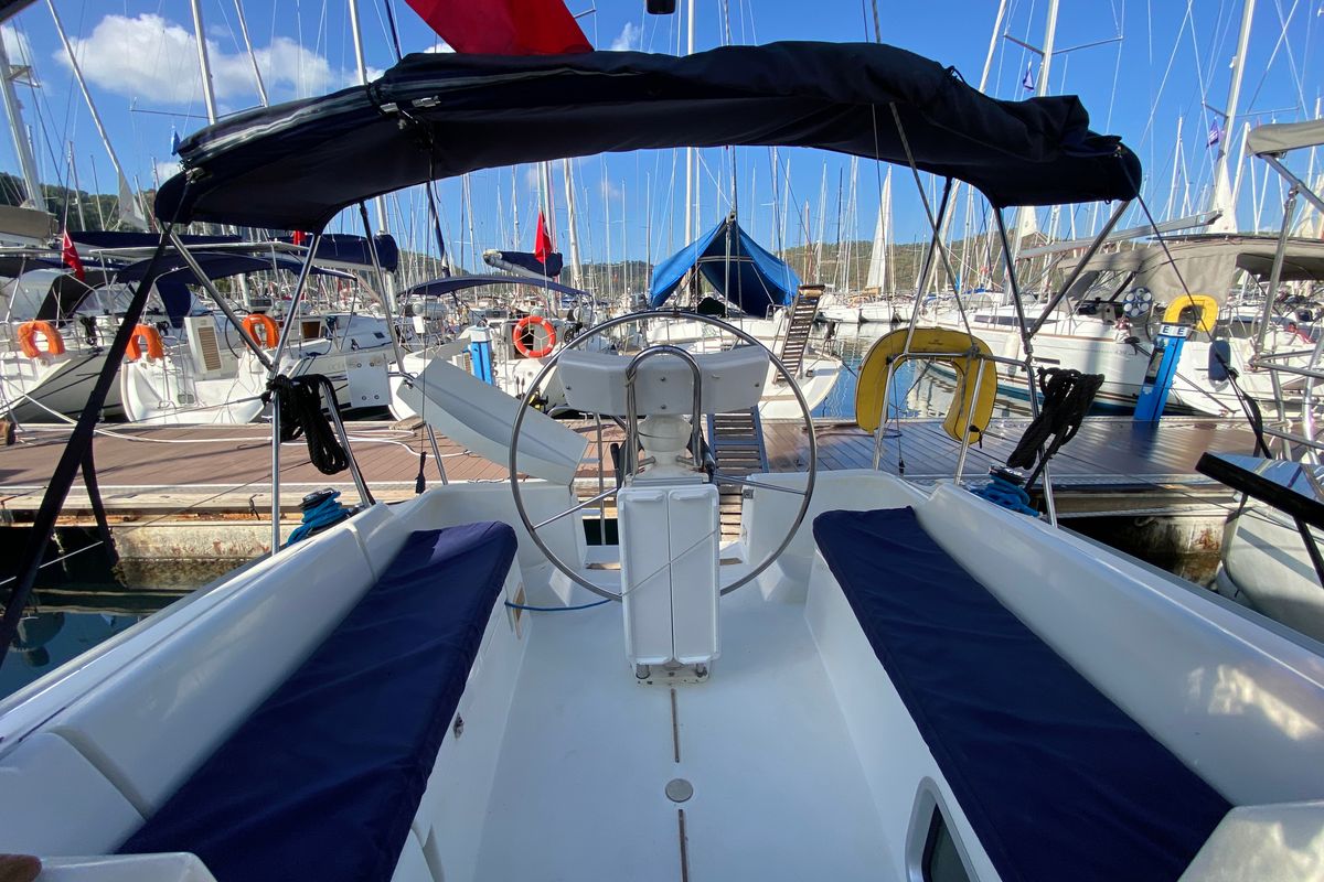 Cockpit of Elif, a Jeanneau Sun Odyssey 32i sailboat at Fethiye, Turkey