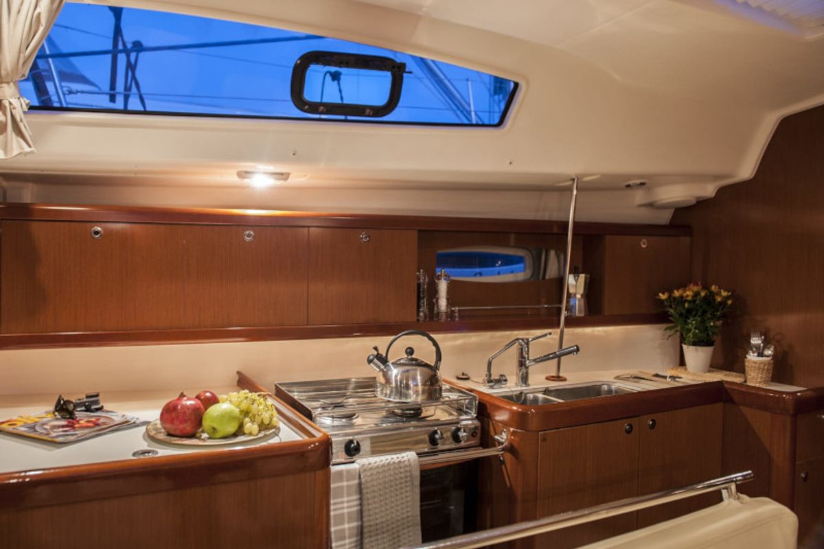 Galley of OASIS - | Bowthruster | Solar P , a Beneteau Oceanis 43 sailboat at Municipal Unit of Lefkada, Greece