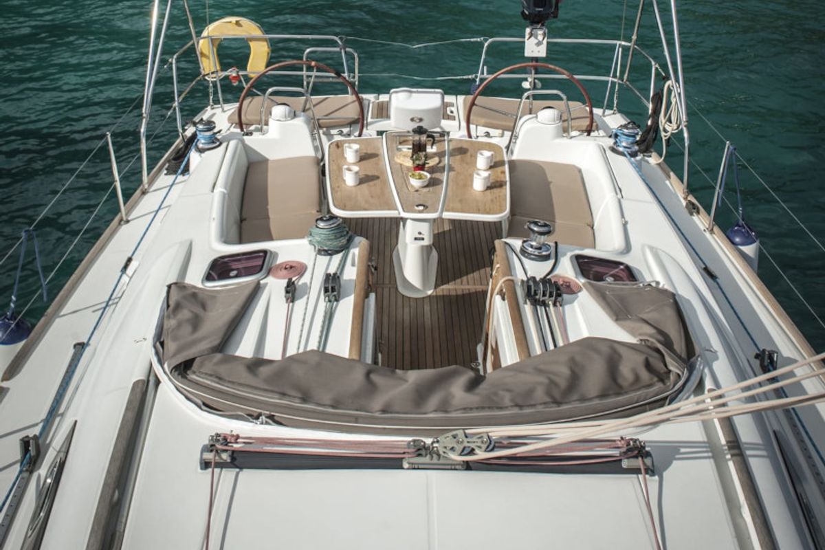 Cockpit of OASIS - | Bowthruster | Solar P , a Beneteau Oceanis 43 sailboat at Municipal Unit of Lefkada, Greece