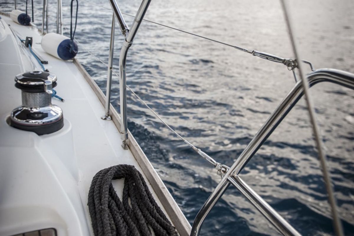Deck of OASIS - | Bowthruster | Solar P , a Beneteau Oceanis 43 sailboat at Municipal Unit of Lefkada, Greece