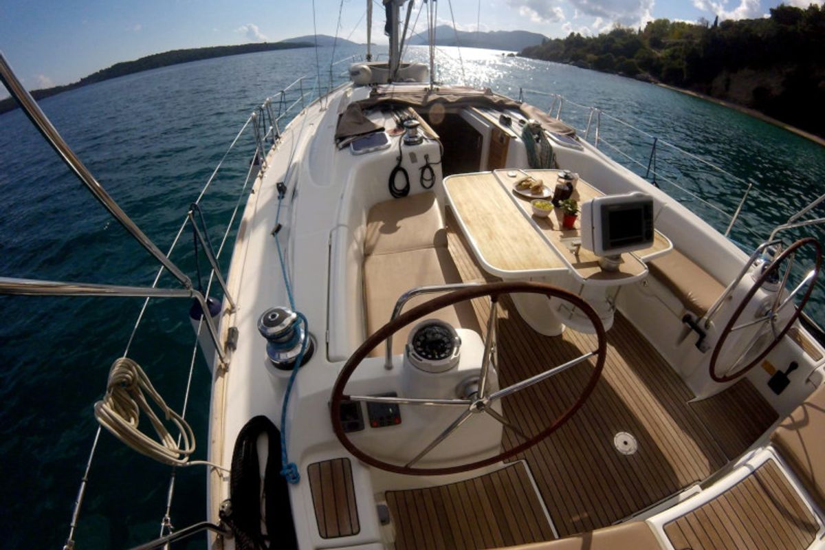 Deck of OASIS - | Bowthruster | Solar P , a Beneteau Oceanis 43 sailboat at Municipal Unit of Lefkada, Greece