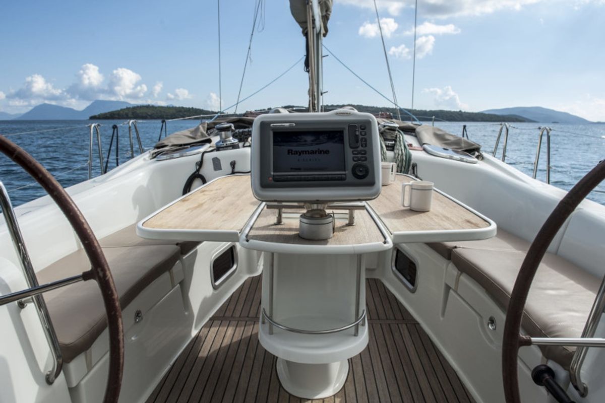 Cockpit of OASIS - | Bowthruster | Solar P , a Beneteau Oceanis 43 sailboat at Municipal Unit of Lefkada, Greece