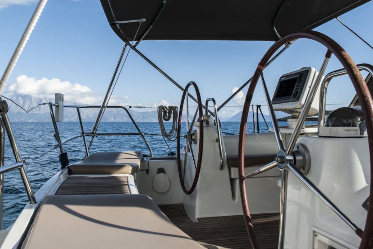 Cockpit of OASIS - | Bowthruster | Solar P , a Beneteau Oceanis 43 sailboat at Municipal Unit of Lefkada, Greece