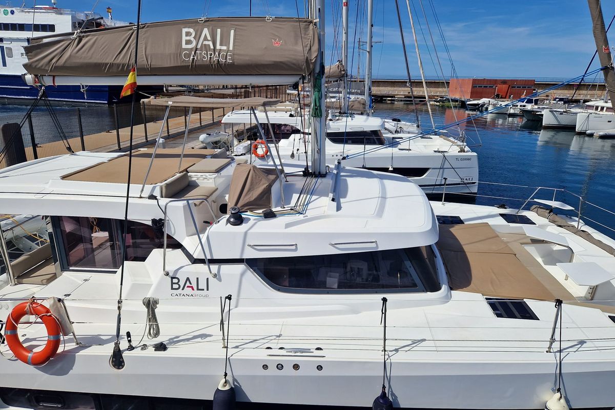 Exterior view of La Boheme, a Bali Catspace catamaran at Sant Antoni de Portmany, Spain