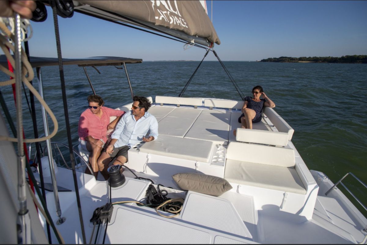 Deck of La Boheme, a Bali Catspace catamaran at Sant Antoni de Portmany, Spain